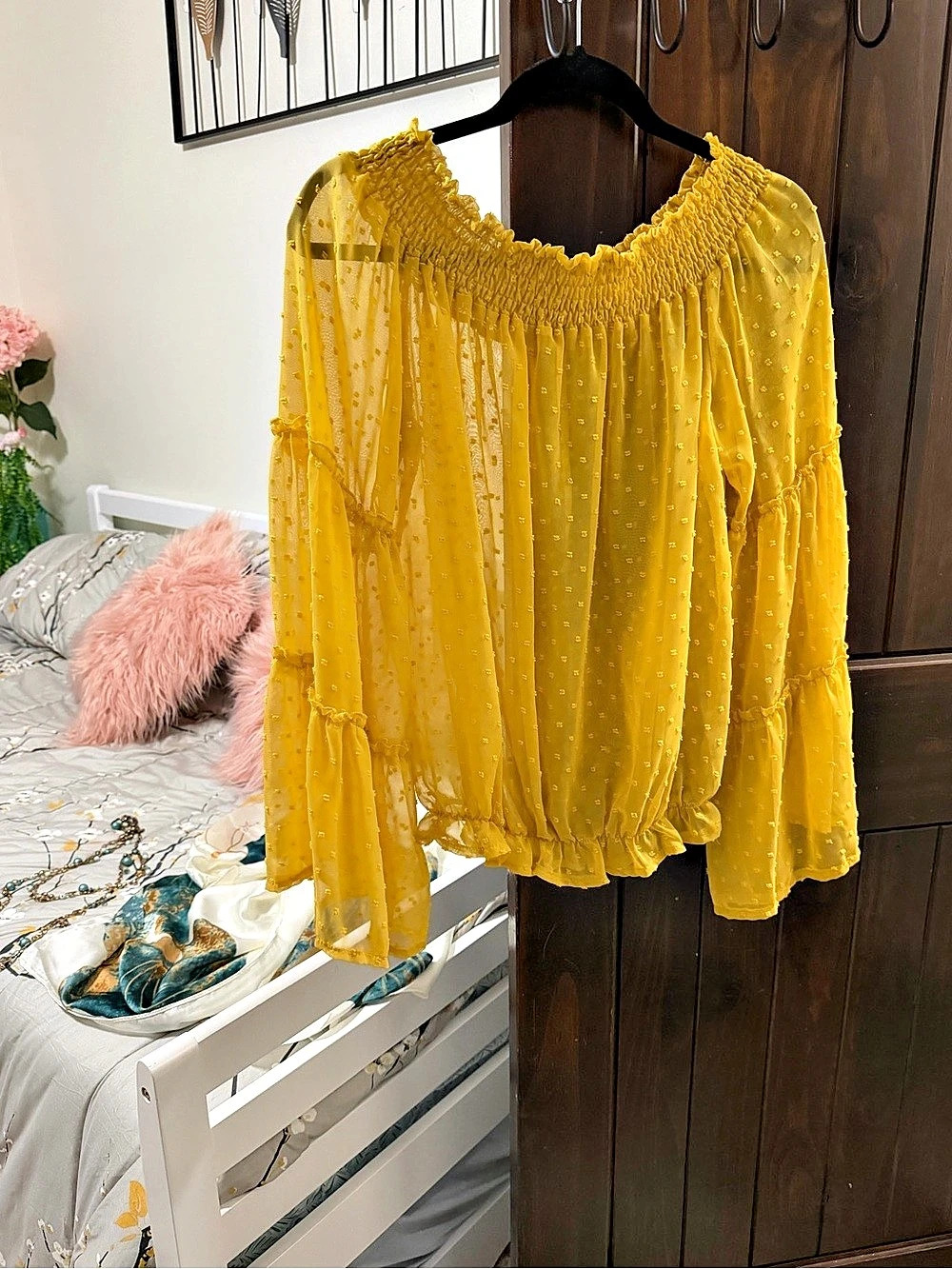 Yellow Swiss Dot Blouse Size XL Like New